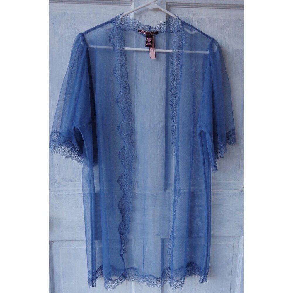 VS Victorias Secret Slate Blue Mesh Lace See Thru Sheer Open Robe M/L Sleepwear